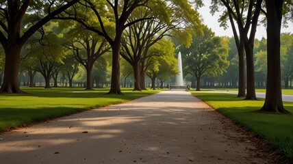 Fototapeta premium Serene park path leading to fountain.