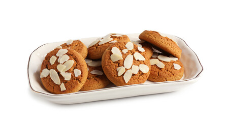 Tasty cookies with almond flakes isolated on white