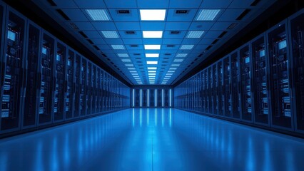 A modern server room with rows of computer servers, infrastructure, server room