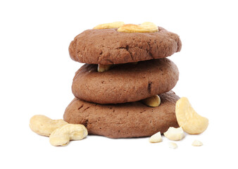 Stack of tasty chocolate cookies with cashew isolated on white