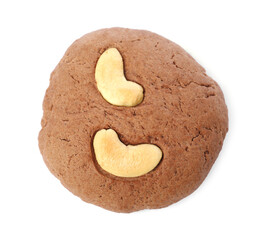 One tasty chocolate cookie with cashew isolated on white, top view