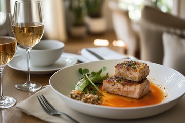 Plated gourmet fish dish with vibrant sauce, fresh greens, paired with wine glasses on an elegant dining table, crafted by Generative AI.
