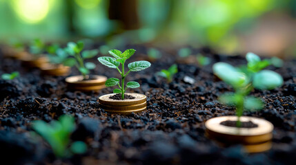 Eco-friendly investments flourish as plants grow from coins, symbolizing a brighter, sustainable future through green energy initiatives and financial support in a vibrant, natural setting