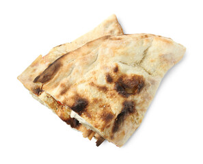Halves of tasty calzone isolated on white, top view