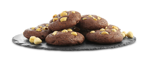 Tasty chocolate cookies with hazelnuts isolated on white