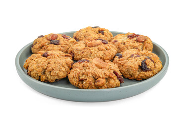 Delicious oatmeal cookies with dried cranberries and nuts isolated on white