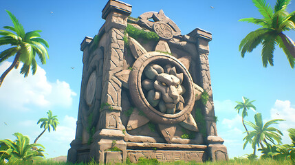 Tropical Island 3D Render: Ancient Stone Lion Shrine