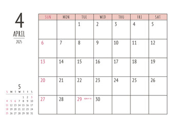 2025年_4月 シンプル書き込みカレンダー