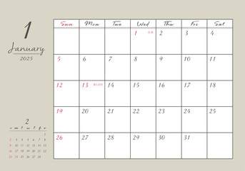 2025年_1月 おしゃれ書き込みカレンダー	
