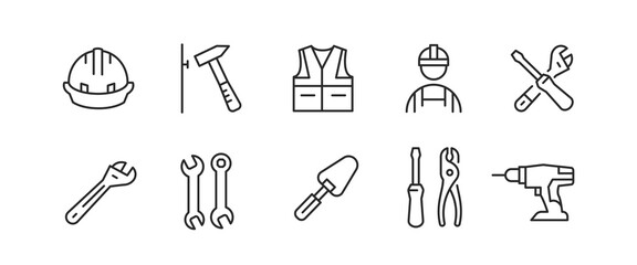Repair tool icons. Set of 10 trendy minimal icons including wrench, screwdriver, tape measure, and more. Design signs for web page, mobile app, packaging design. Vector illustration.