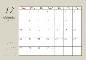 2025年_12月 おしゃれ書き込みカレンダー	