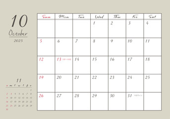 2025年_10月 おしゃれ書き込みカレンダー	