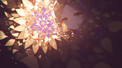 Anime Girl Illustration Golden Flower Abstract Background