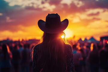 Female musician in cowboy hat silhouetted against sunset festival crowd.