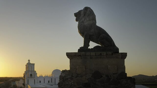 Stone lion carving above San Xavier del Bac Mission, Tucson, Arizona, USA