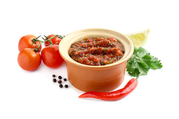 Tasty salsa sauce and ingredients isolated on white