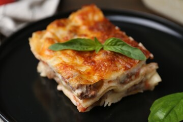 Delicious cooked lasagna with basil on plate, closeup