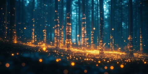Fototapeta premium Magical forest filled with glowing lights creating a surreal atmosphere at dusk featuring vibrant orange and cool blue tones with a mystical appearance that evokes wonder and tranquility