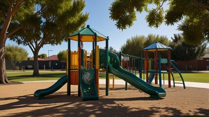 Colorful playground equipment on sandy surface under trees.