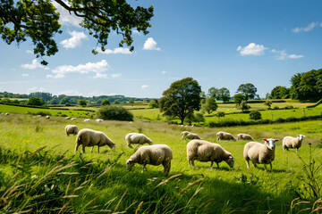 Obraz premium Serene Pastoral Scene with Grazing Sheep in a Lush Green Meadow Under a Clear Blue Sky