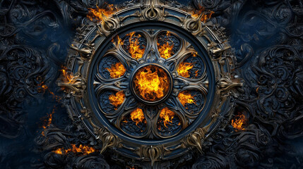 Obraz premium Fire alarm manual system. stunning decorative design featuring circular motif with intricate patterns and flames emanating from center, creating dramatic and fiery effect