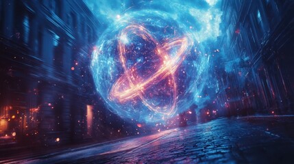 Obraz premium A mesmerizing cosmic sphere hovers above a dimly lit urban street, illuminated by vibrant blue and orange hues, Ideal for use in sci-fi themes, technology projects, or imaginative visuals,