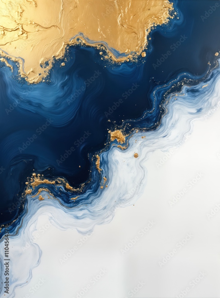 Poster abstract art piece with flowing white, navy blue patterns. gold accents add touch of luxury. fluid b