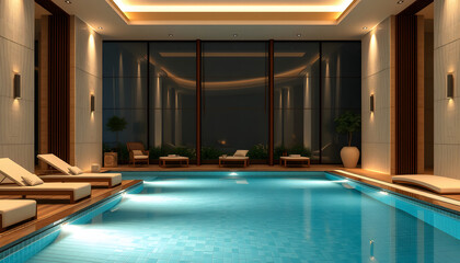 View of loungers in spa room with swimming pool in hotel and wellness spa resort isolated with white highlights, png