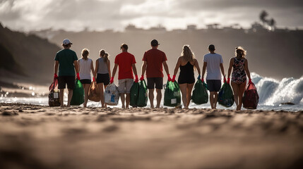 Volunteers pick up litter along the beach during a community clean-up event on a sunny afternoon