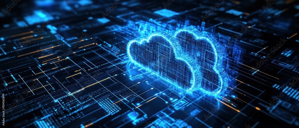 Poster digital representation of cloud computing with interconnected circuits and glowing clouds.