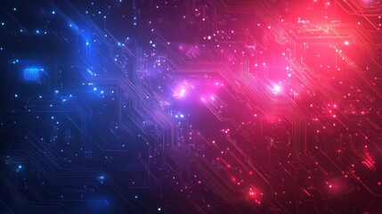 Obraz premium Abstract digital background featuring illuminated circuit board patterns in blue and red tones, ideal for technology-related designs, presentations, or as a backdrop for tech products,