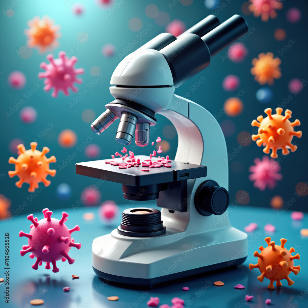 Poster Microscope examines tiny virus particles. Colorful virus models surround tech device. Scientific research investigates microbe structures. Medical tech advances. Lab photo captures virus analysis.