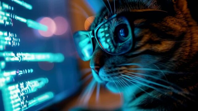 Hacker works in dark room, cat wearing glasses uses computer. Concept of spy, cyber technology, hack, funny animal, scam, and crime. 