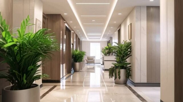 Modern interior of luxury clinic hallway, clean marble floor and wood finish in office or hospital, hall with beige brown design and plants. Concept of business, building. 