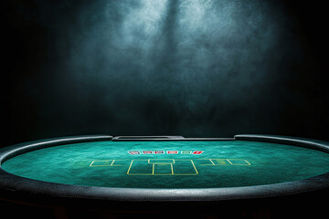 Empty poker table with dramatic overhead spot lighting, green felt surface.