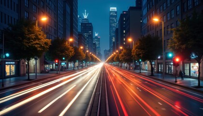 Urban avenue at night. Cars move fast in city. Streetlights illuminate buildings, trees. Pedestrians walk along sidewalk. City life vibrant. Nighttime urban landscape. Modern cityscape. People at