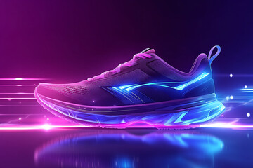 Vector illustration of professional running shoe with retro-futuristic purple and blue lighting effects.