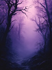 Obraz premium Mysterious forest scene with twisted tree branches shrouded in purple mist, creating an eerie, enchanting atmosphere, Perfect for fantasy themes, book covers, or backgrounds in creative projects,