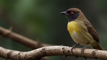 Obraz premium Small yellow and brown bird perched on a branch. (1)