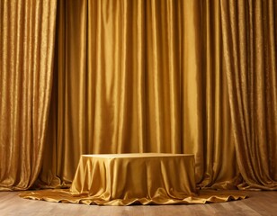 Podium under golden fabric curtain cover. Realistic  illustration of cube stand or box of various...