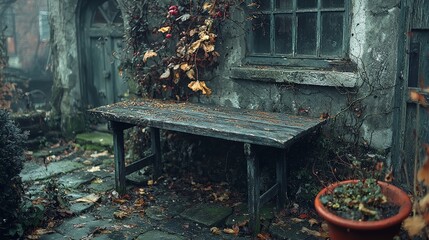 A weathered table surrounded by autumn leaves and a misty, rustic environment.