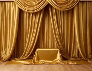 Podium under golden fabric curtain cover. Realistic  illustration of cube stand or box of various sizes hidden in gold silk or satin waved cloth. Ai generated images