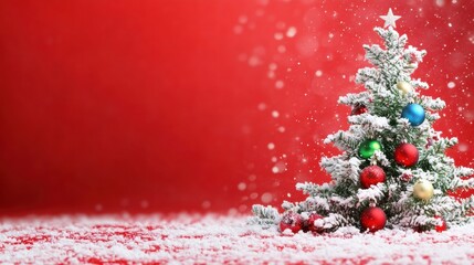 Festive Christmas Tree Decorated with Colorful Ornaments and Snow on a Bright Red Background Evoking a Joyful Holiday Spirit and Seasonal Cheer