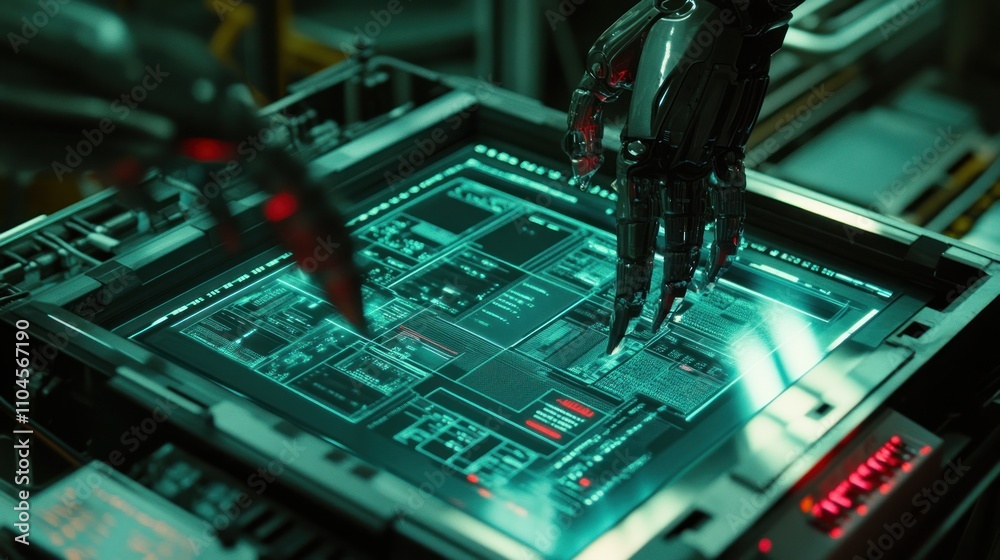 Poster a robotic hand interacts with a glowing control panel displaying complex data.