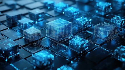 A futuristic representation of digital data blocks in a tech-inspired environment.