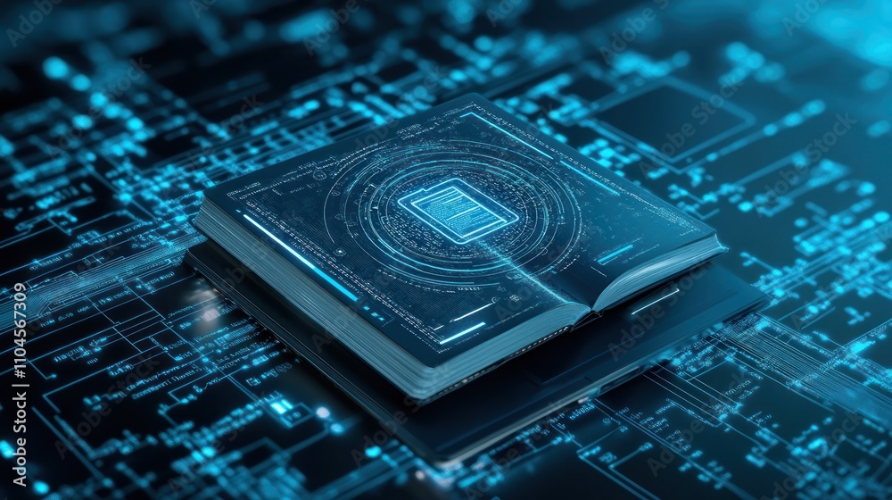 Poster an open book with digital circuits and data patterns, symbolizing knowledge and technology.