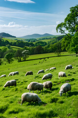 Obraz premium Serene Pastoral Scene with Grazing Sheep in a Lush Green Meadow Under a Clear Blue Sky