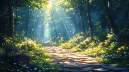 Obraz premium A serene forest path is illuminated by soft sunlight filtering through lush greenery, This tranquil scene is perfect for outdoor retreats, wellness promotions, or nature-themed projects,