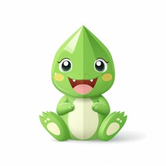 Cute Green Cartoon Dinosaur Character Sitting Playfully with a Big Smile and Bright Eyes, Perfect for Children's Products and Media
