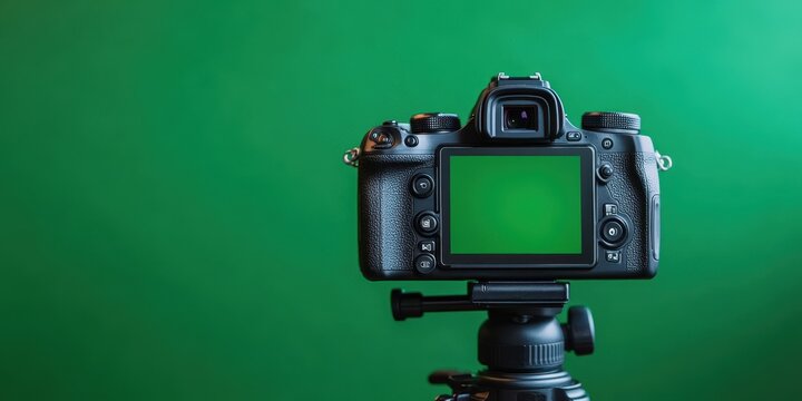 Professional camera on a tripod with a vibrant green background, ideal for photography or videography projects, Perfect for tutorials, product demos, or content creation setups,